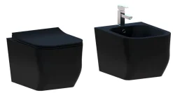 Couple de sanitaires suspendu Rimless sans bride, gamme New Edge de couleur noire mat avec abattant soft-close inclus