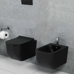 Couple de sanitaires suspendu Rimless sans bride, gamme New Edge de couleur noire mat avec abattant soft-close inclus