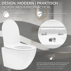 Cuvette WC suspendu sans rebord céramique blanc abattant softclose nano revêt