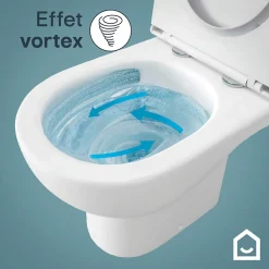 Cuvette WC suspendue sans bride avec abattant déclipsable et frein de chute, sortie horizontale, blanc, effet Vortex, GoodHome Cavally