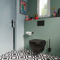 Cuvette WC suspendue sans bride avec abattant déclipsable et frein de chute, sortie horizontale, noir, effet Vortex, GoodHome Cavally