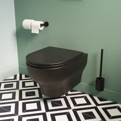 Cuvette WC suspendue sans bride avec abattant déclipsable et frein de chute, sortie horizontale, noir, effet Vortex, GoodHome Cavally