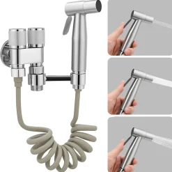 Douchette de bidet pour toilettes, 1-en-2 sorties, double commande, robinet et tuyau, animaux et nettoyage salle de bain, Argent