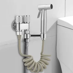 Douchette de bidet pour toilettes, 1-en-2 sorties, double commande, robinet et tuyau, animaux et nettoyage salle de bain, Argent