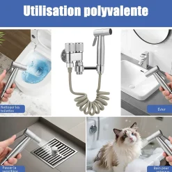 Douchette de bidet pour toilettes, 1-en-2 sorties, double commande, robinet et tuyau, animaux et nettoyage salle de bain, Argent