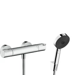 Ecostat Set Mitigeur thermostatique douche + Douchette à main XXL 105mm 3 jets + Flexible de douche 125cm, support mural, Chrome