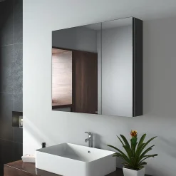 EMKE Armoire de toilette murale avec miroir double face - 75x65 cm- Noir mat - Fermeture douce - Tablettes en verre réglables