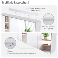 EMKE Armoire de toilette murale - Miroir double face, blanc mat - 75 x 65 cm - Fermeture douce - Tablettes en verre réglables