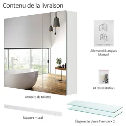 EMKE Armoire de toilette murale - Miroir double face, blanc mat - 75 x 65 cm - Fermeture douce - Tablettes en verre réglables