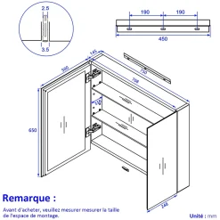 EMKE Armoire de toilette murale - Miroir double face, blanc mat - 75 x 65 cm - Fermeture douce - Tablettes en verre réglables