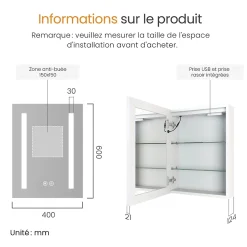 EMKE Armoire de Toilette 1 Porte - Charnières Gauche, LED Ajustable 3000K-6500K, Anti-Buée, Soft Close, Prises USB