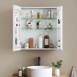 EMKE Armoire de toilette 2 portes 65x50 cm blanche, miroir avec rangement intégré, tablettes en verre réglables