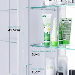 EMKE Armoire de toilette murale - Miroir double face, blanc mat - 60 x 65 cm - Fermeture douce - Tablettes en verre réglables