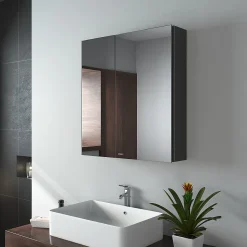 EMKE Armoire de toilette murale - Miroir double face, noir mat - 60 x 65 cm - Fermeture douce - Tablettes en verre réglables