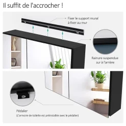 EMKE Armoire de toilette murale - Miroir double face, noir mat - 60 x 65 cm - Fermeture douce - Tablettes en verre réglables
