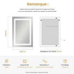 EMKE Armoire de toilette murale - Miroir double face, noir mat - 60 x 65 cm - Fermeture douce - Tablettes en verre réglables