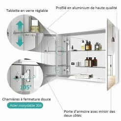 EMKE Armoire de toilette murale avec miroir double face - 85x65 cm - Blanc mat - Fermeture douce - Tablettes en verre ajustables
