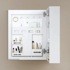 EMKE Armoires de toilette 1 Porte 65x50cm , Porte Miroir avec Rangement intégré, Tablettes en verre réglables, Blanc