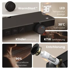 EMKE Colonne de douche avec thermostat Télécommande Douche pluie étagère en verre avec des enfants porte douchette noir