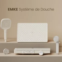 EMKE Colonne de douche avec thermostat Télécommande Douche pluie étagère en verre avec des enfants porte douchette blanc