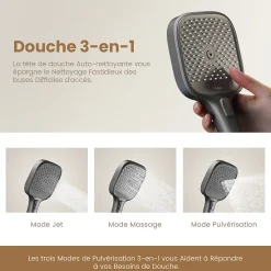 EMKE Colonne de douche avec thermostat Télécommande Douche pluie étagère en verre avec des enfants porte douchette anthracite