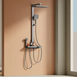 EMKE Colonne de douche avec thermostat Télécommande Douche pluie étagère en verre avec des enfants porte douchette anthracite