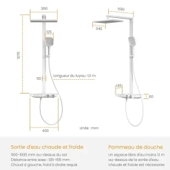EMKE Colonne de douche thermostatique, pluie 36x24 cm, douchette 4 jets, débit réglable, barre et flexible inclus, blanc