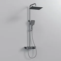 EMKE Colonne de douche thermostat, douchette à 3 puissances de jet, jet cascade, set de douche avec étagère en verre, anthracite