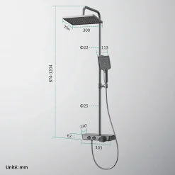 EMKE Colonne de douche thermostat, douchette à 3 puissances de jet, jet cascade, set de douche avec étagère en verre, anthracite