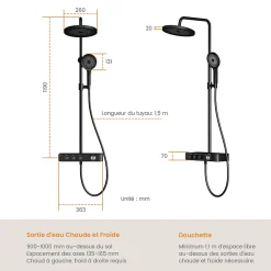 EMKE Colonne de douche Thermostat Noir - Effet pluie 26 cm, Douchette 3 jets, Régulation innovante du débit, Système de douche