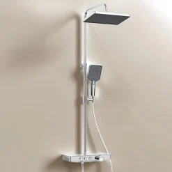 EMKE Colonne de douche Thermostat, 36 x 14 cm étagères en verre, 3 types de jets, douche à effet pluie, Certification KTW, Blanc