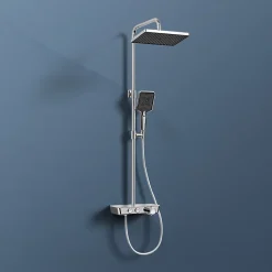 EMKE Colonne de douche thermostat, douchette à 3 puissances de jet, jet cascade, set de douche avec étagère en verre, Chrome