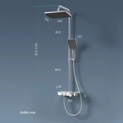 EMKE Colonne de douche thermostat, douchette à 3 puissances de jet, jet cascade, set de douche avec étagère en verre, Chrome