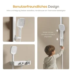 EMKE Colonne de Douche Thermostatique, Débit d'Eau Ajustable, Douchette 3 Fonctions, Kit de Douche, Blanc