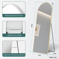 EMKE Grand miroir intégral avec cadre en aluminium doré, 160 x 60 cm, sur pied ou mural