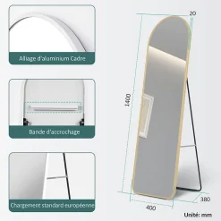 EMKE Grand miroir intégral avec cadre en aluminium doré, 140 x 40 cm, sur pied ou mural
