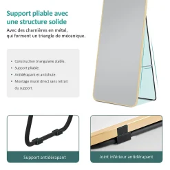 EMKE Grand miroir intégral avec cadre en aluminium doré, 140 x 40 cm, sur pied ou mural