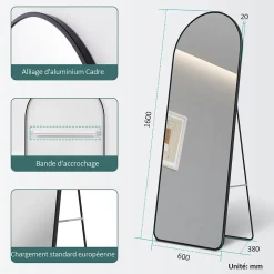 EMKE Grand miroir intégral avec cadre en aluminium noir, 160 x 60 cm, sur pied ou mural