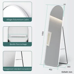 EMKE Grand miroir intégral avec cadre en aluminium blanc, 140 x 40 cm, sur pied ou mural