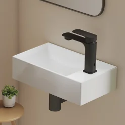 EMKE Lavabo Mural en Céramique 38x22x10cm, Blanc Brillant, Vasque Murale Carrée avec Trou pour Robinet