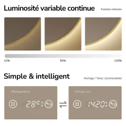 EMKE LED Miroir lumineux salle de bain rond 80cm Cadre Doré, Anti-buée, Horloge et Temperature, Lumière Neutre