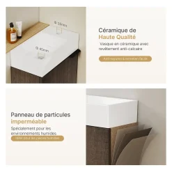 EMKE Meuble de Salle de Bain Murale, Vasque Blanche, Finition Chêne Fumé, Étagère réglable, Portes Soft-Close, Design Moderne