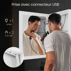 EMKE Meuble de Salle de Bain avec Miroir, Porte Soft-Close, LED Réglable, Prise USB, Anti-Buée, Charnière Gauche