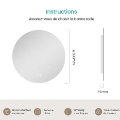 EMKE Miroir de Salle de Bain 50 cm Rond avec Éclairage LED, Dimmable, Touch Switch, 3 Lumière Couleurs, IP44