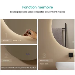 EMKE Miroir de Salle de Bain 50 cm Rond avec Éclairage LED, Dimmable, Touch Switch, 3 Lumière Couleurs, IP44