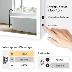 EMKE Miroir lumineux salle de bain 120x60cm, Miroir LED avec Interrupteur à bouton, Anti-buée, lumière Blanche Froide/Chaude