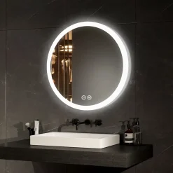 EMKE Miroir lumineux salle de bain rond diamètre 60cm, Miroir LED avec Interrupteur Tactile, Anti-buée, 3 couleurs de Lumières