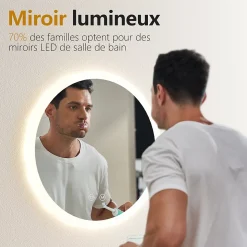 EMKE Miroir lumineux salle de bain rond diamètre 60cm, Miroir LED avec Interrupteur Tactile, Anti-buée, 3 couleurs de Lumières