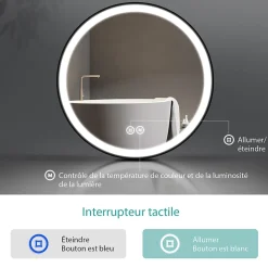 EMKE Miroir lumineux salle de bain rond 60cm cadre noir, Sangle réglable, Interrupteur Tactile, LED Lumière Froide/Chaude/Neutre