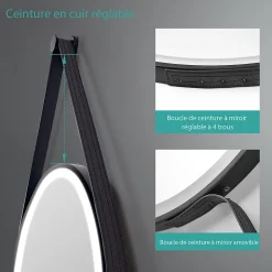EMKE Miroir lumineux salle de bain rond 60cm cadre noir, Sangle réglable, Interrupteur Tactile, LED Lumière Froide/Chaude/Neutre